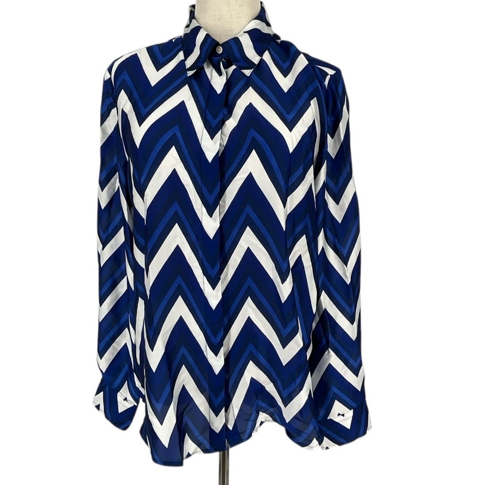 Lauren Ralph Lauren Women's Blue White Zig Zag Chevron Print Button Down Shirt L